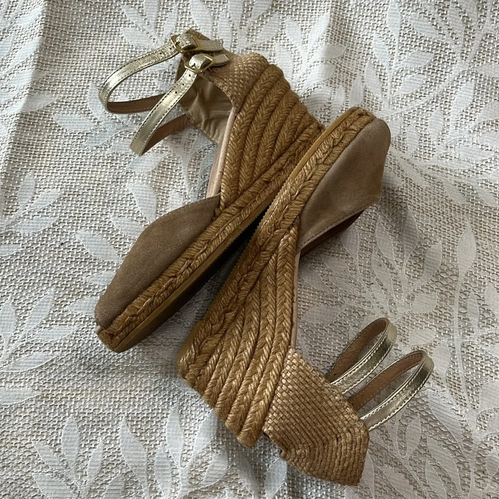 Gaimo Tan Taupe Suede Peep Toe Wedge Espadrilles Size 6.5/37‎